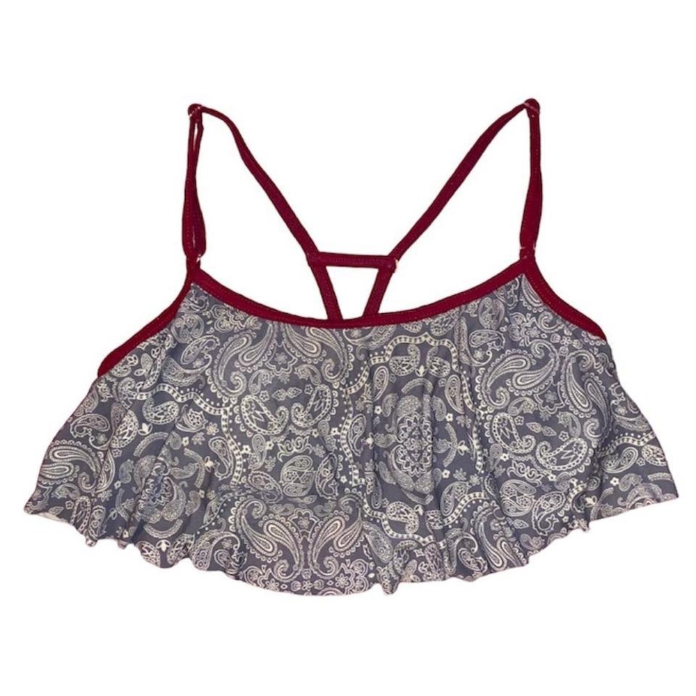 Zumiez burgundy and grey paisley print flowy bikini Malibu red bandana swimsuit